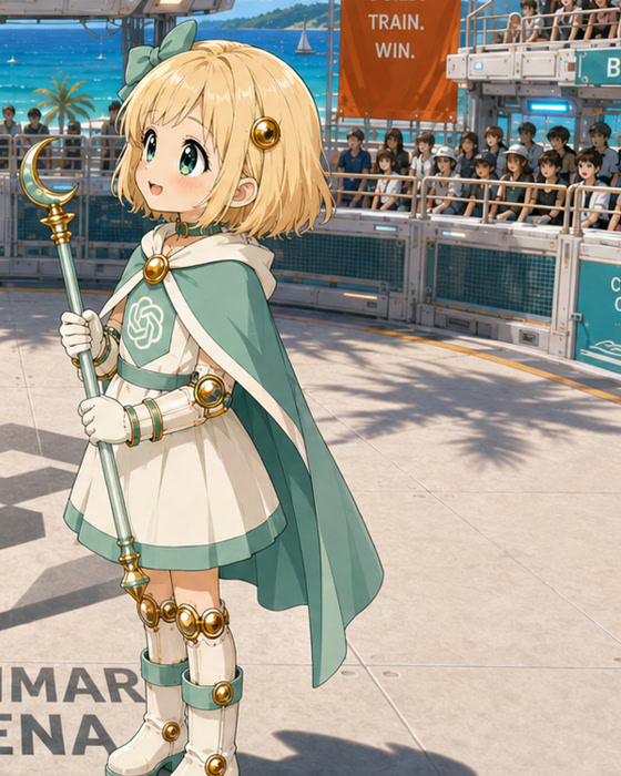 Aurora in mint and white armor with her golden scepter