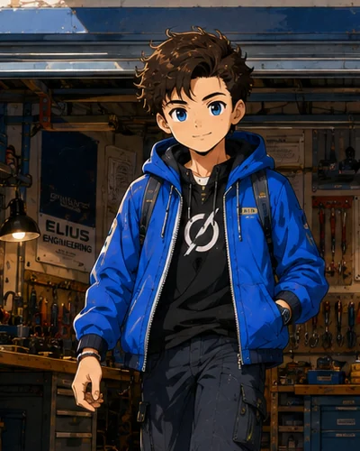 Elius in his blue jacket outside his workshop