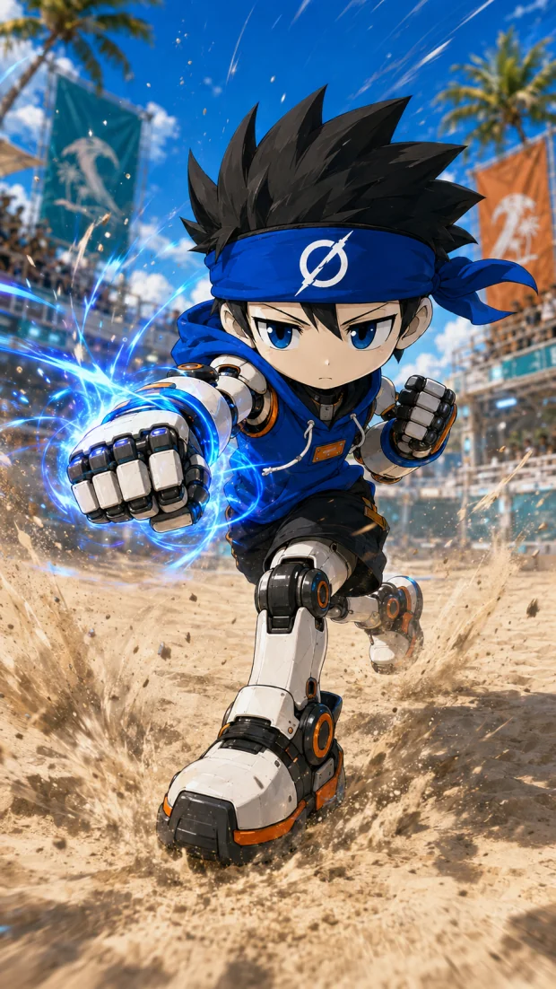 Groku throws an electric-blue punch in Benchmark Arena, kicking up sand
