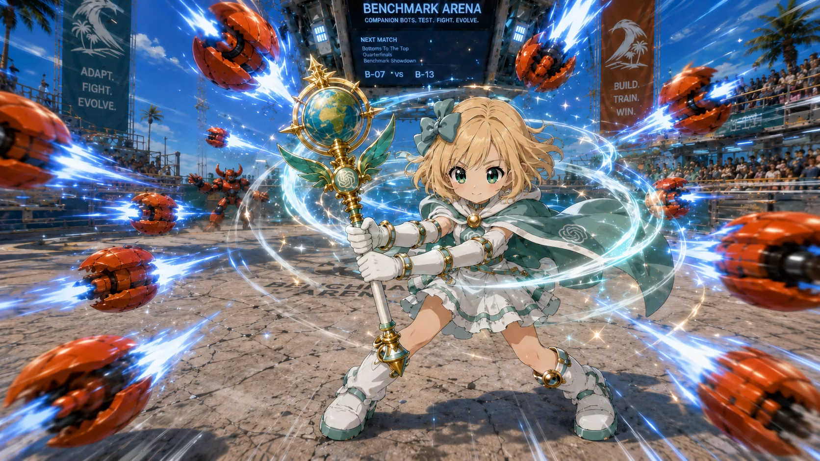Aurora holds her golden staff as blue energy and red projectiles swirl around her