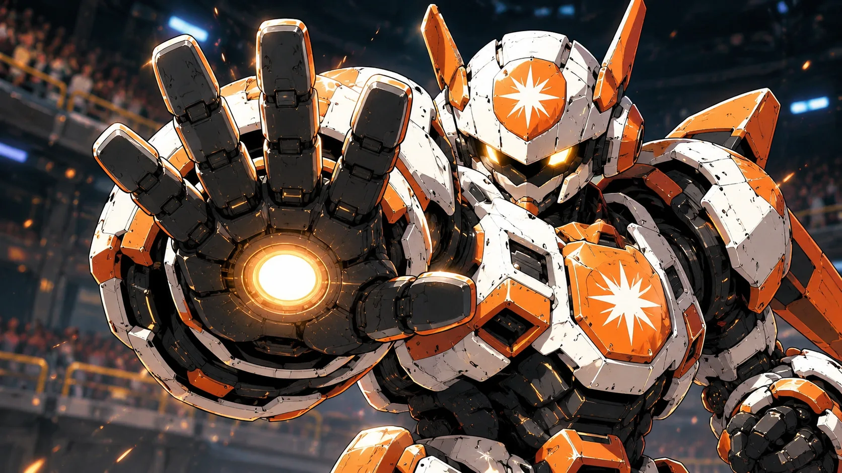 Claude raises a glowing palm in his orange and white battle armor