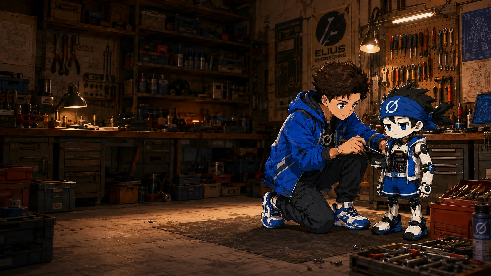Elius carefully repairs Groku in their warmly lit workshop