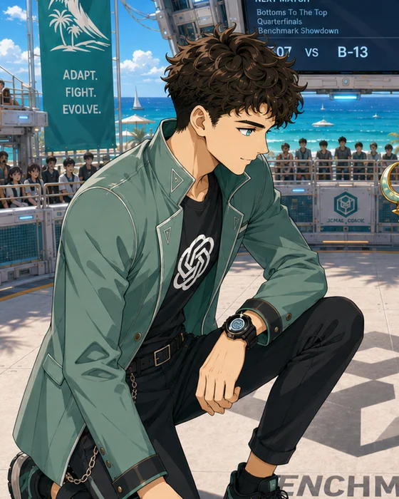 Sylas in his green coat, crouching beside the arena
